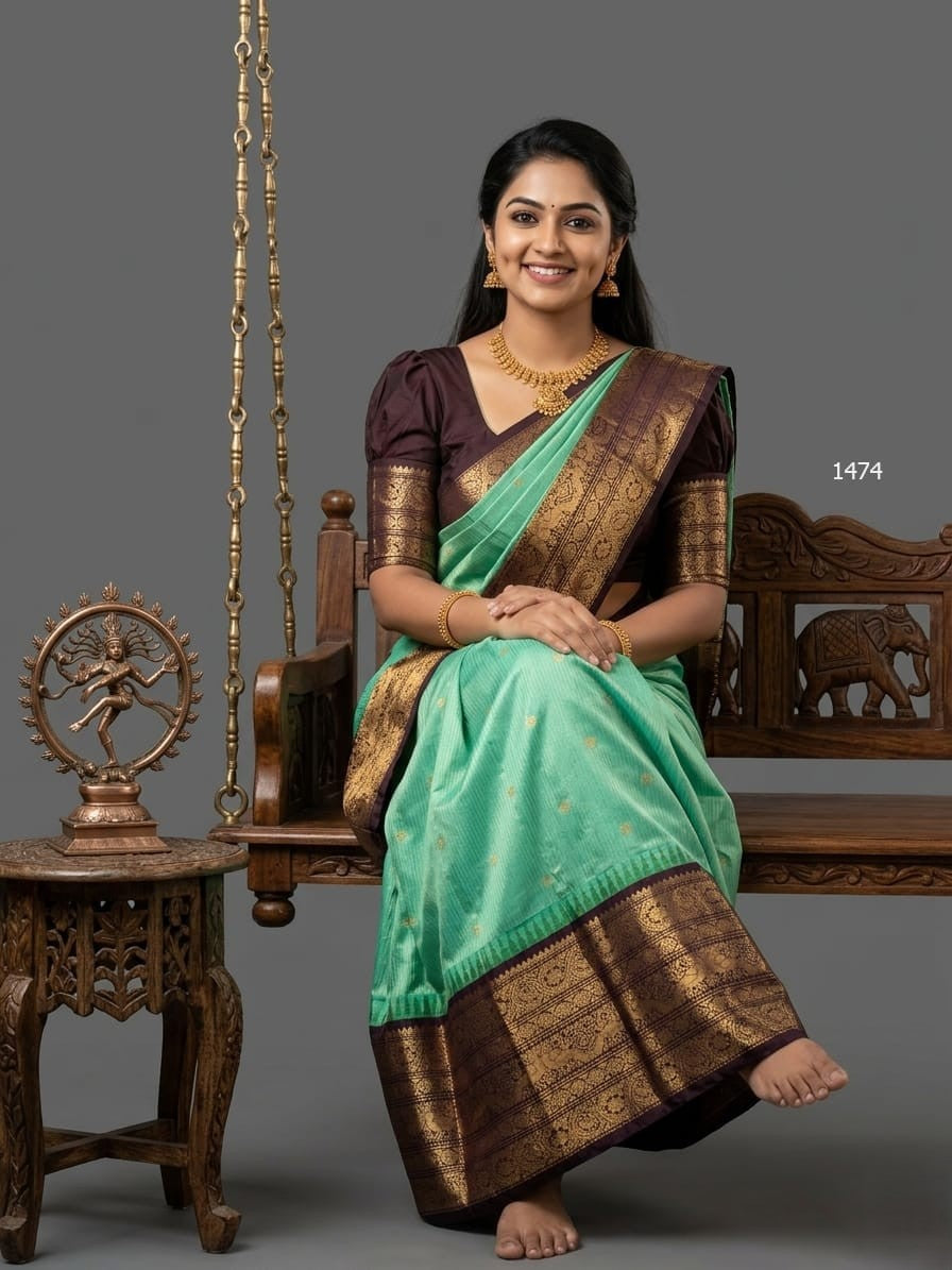 A model wearing a vibrant Gadwal Semi Pattu silk saree with intricate zari borders and a contrasting pallu.