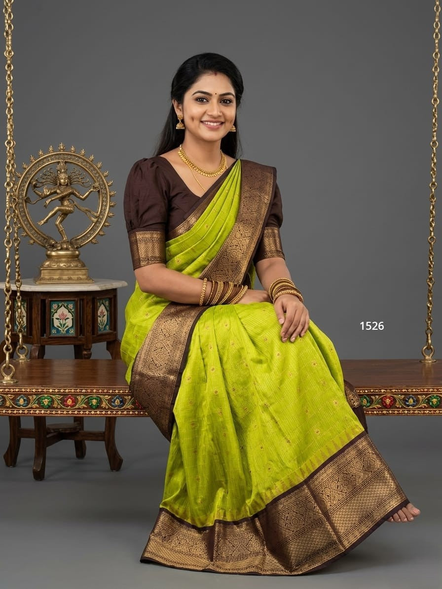 A model wearing a vibrant Gadwal Semi Pattu silk saree with intricate zari borders and a contrasting pallu.