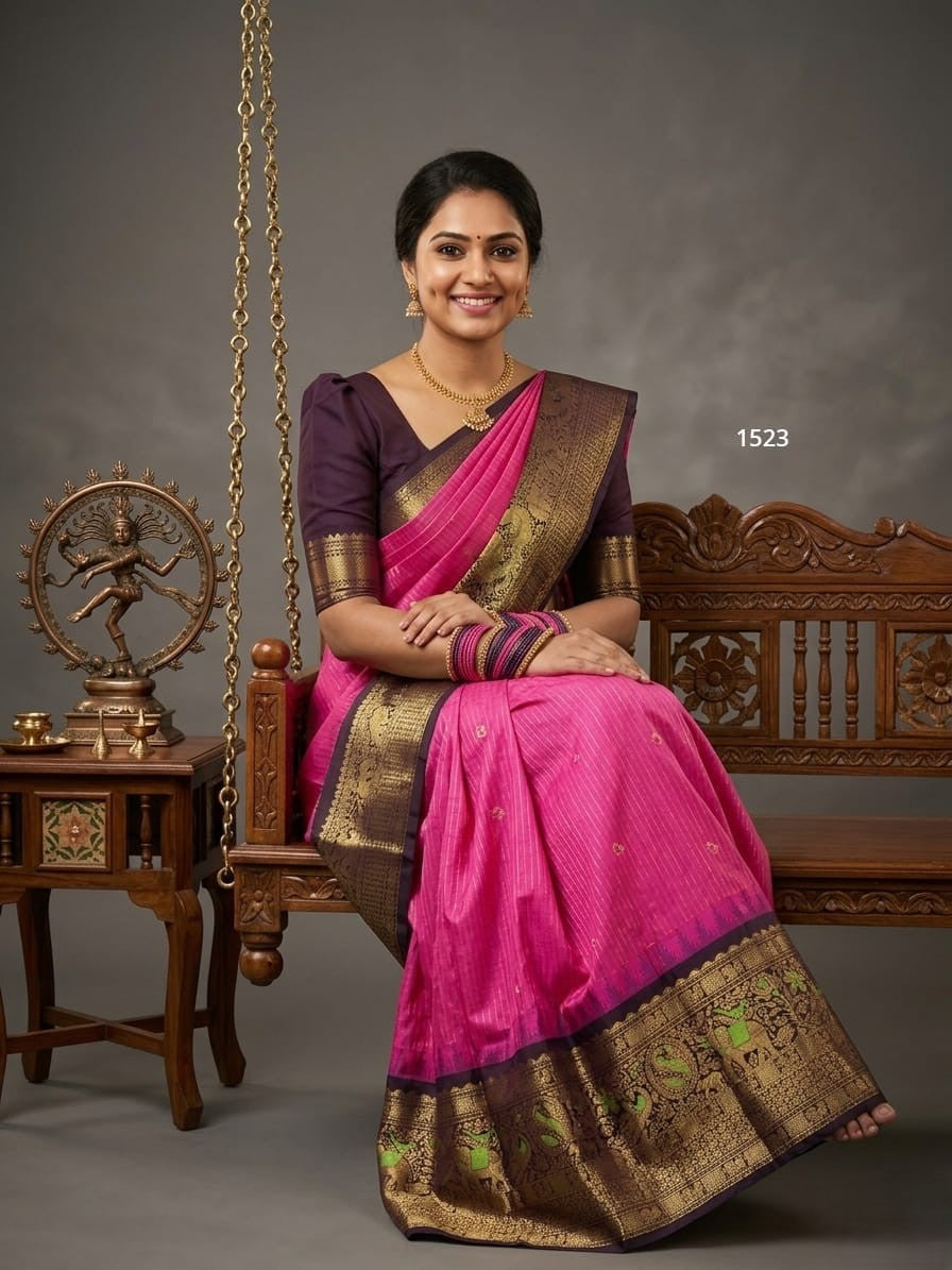 A model wearing a vibrant Gadwal Semi Pattu silk saree with intricate zari borders and a contrasting pallu.