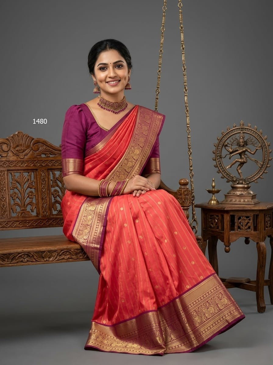 A model wearing a vibrant Gadwal Semi Pattu silk saree with intricate zari borders and a contrasting pallu.