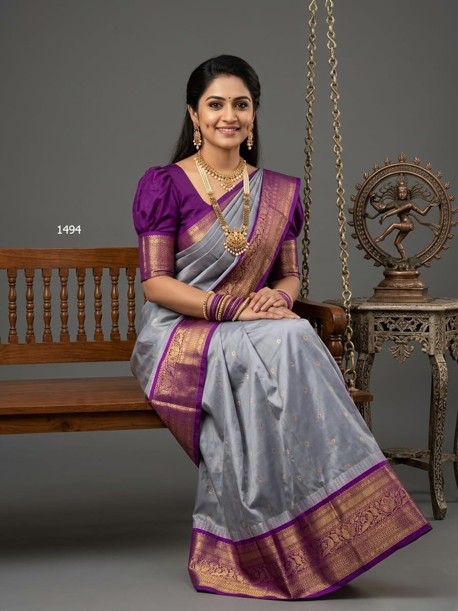 A model wearing a vibrant Gadwal Semi Pattu silk saree with intricate zari borders and a contrasting pallu.