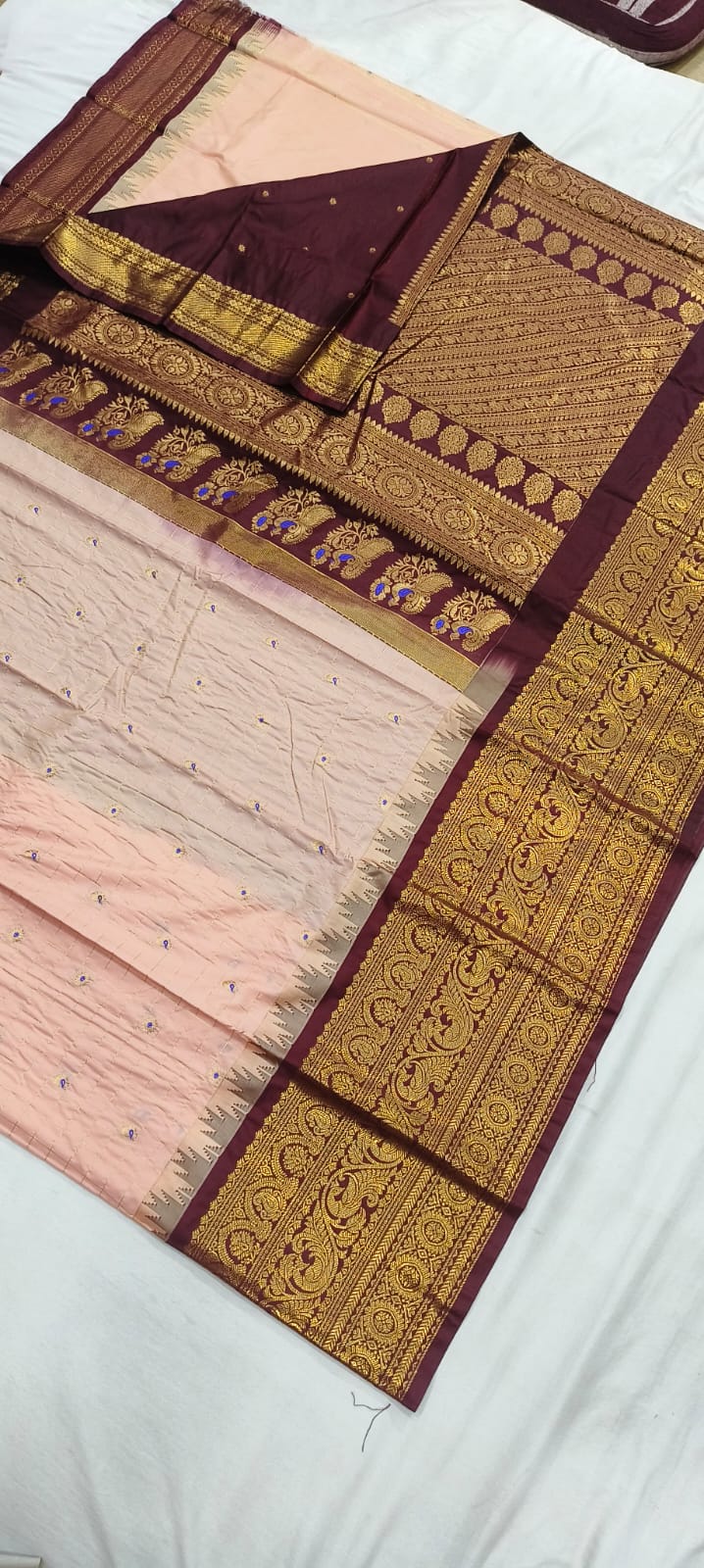 Elegant Gadwal semi Pattu silk saree draped to showcase its rich pallu and contrasting color combination