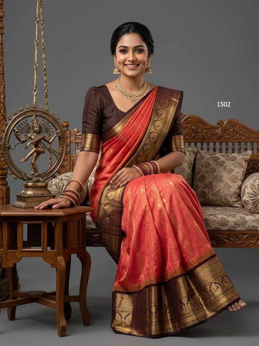 A model wearing a vibrant Gadwal Semi Pattu silk saree with intricate zari borders and a contrasting pallu.