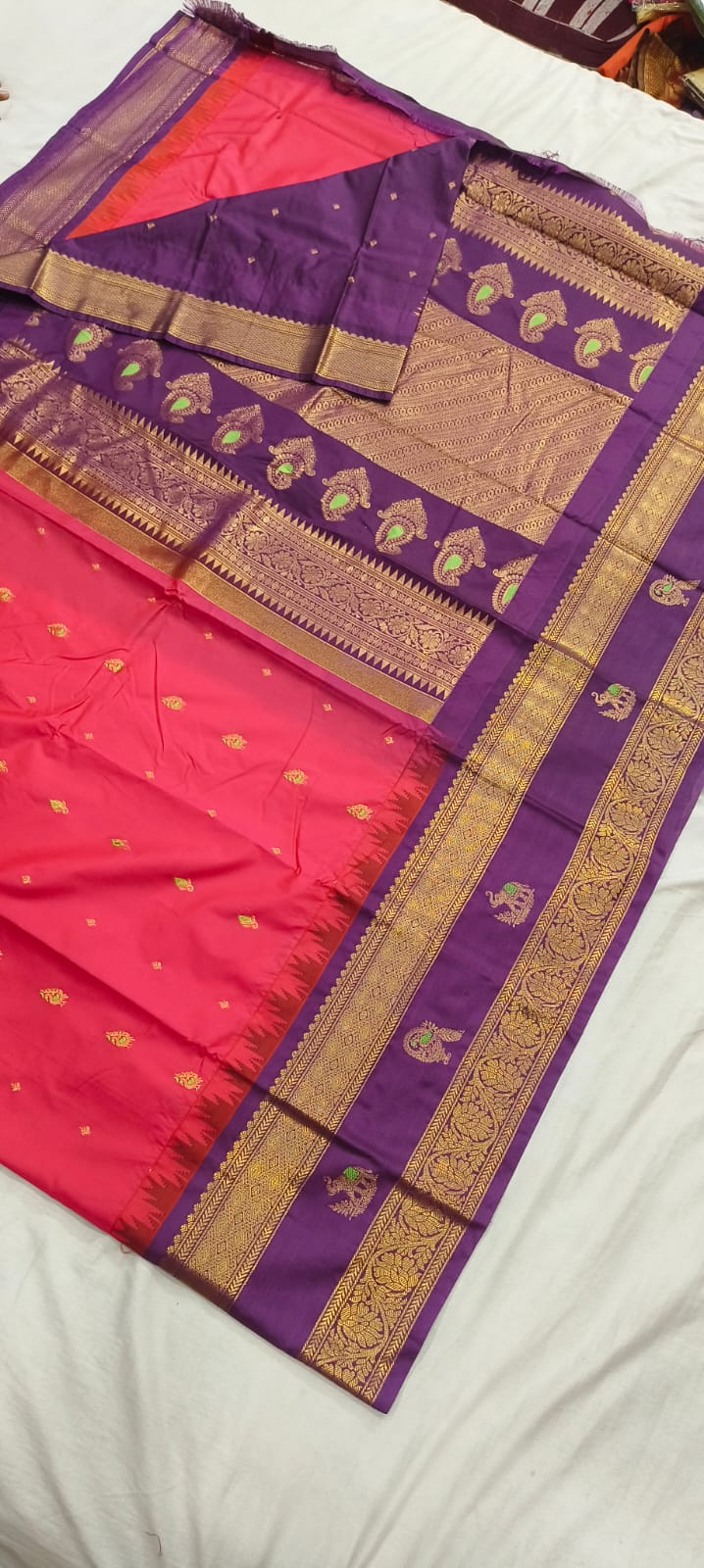 Elegant Gadwal semi Pattu silk saree draped to showcase its rich pallu and contrasting color combination