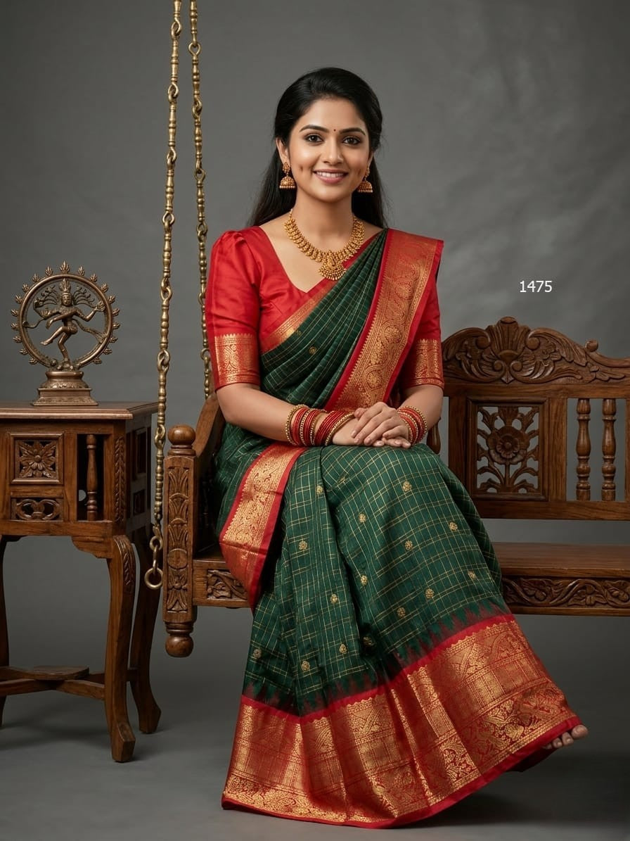 A model wearing a vibrant Gadwal Semi Pattu silk saree with intricate zari borders and a contrasting pallu.