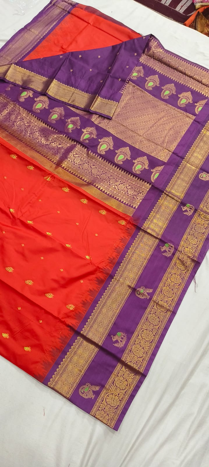 Elegant Gadwal semi Pattu silk saree draped to showcase its rich pallu and contrasting color combination