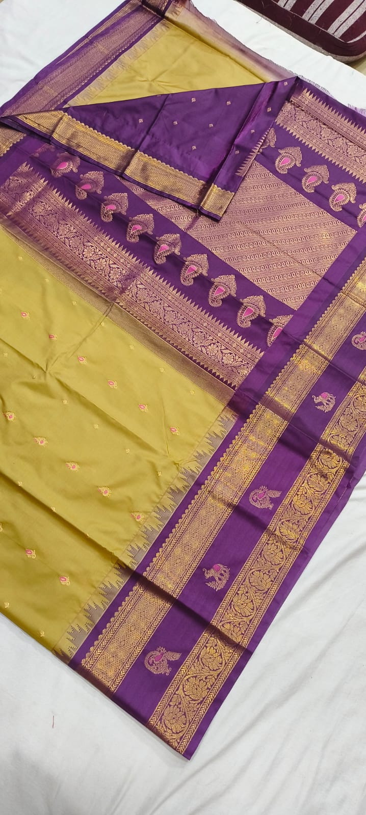 Elegant Gadwal semi Pattu silk saree draped to showcase its rich pallu and contrasting color combination