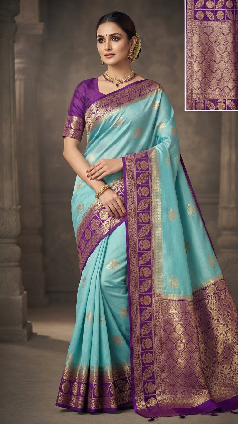 A woman models a light turquoise blue and purple silk saree with intricate gold zari woven patterns, standing in front of a stone pillar. A small inset in the top right corner shows a close-up of the fabric's pattern.