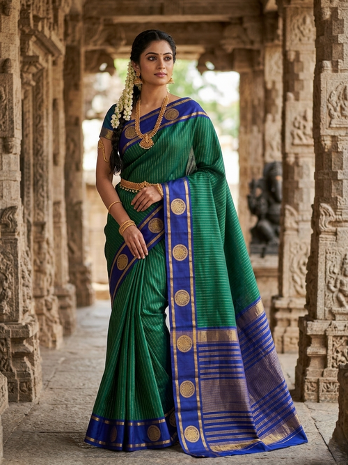 An elegant Indian model showcases a rich Bottle Green Kanjivaram silk saree featuring fine gold zari stripes and a contrasting royal blue border with large circular motifs, draped beautifully in a traditional stone temple setting.