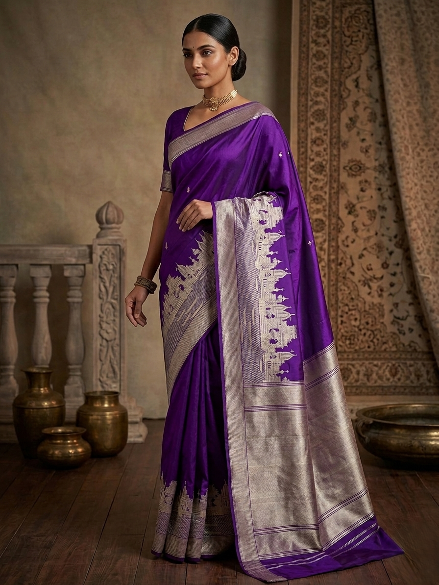 A royal purple Banarasi Katan silk saree with a silver and gold zari Kashi Ghat temple motif border and a Silk Mark Certification tag.