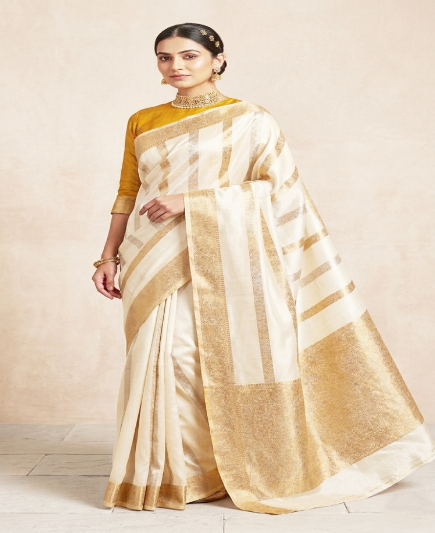 Ivory Banarasi Raw Mango Silk saree with horizontal Gold and Silver zari stripes, Kaduwa weaving, and a mustard yellow blouse.