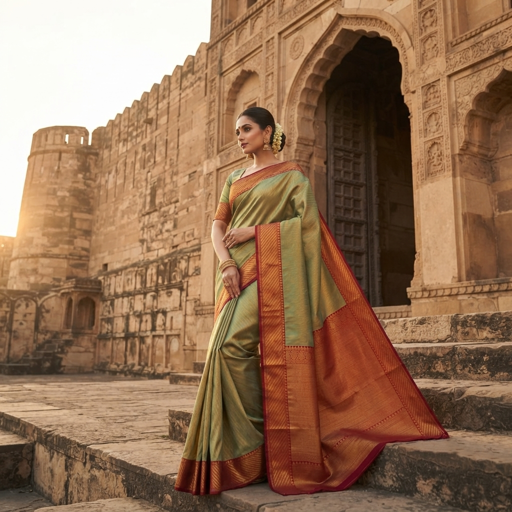 A model elegantly draped in a dual-tone olive green and gold Chanderi Handloom Katan Silk saree with a rich maroon border and intricate Nakshi weaving.