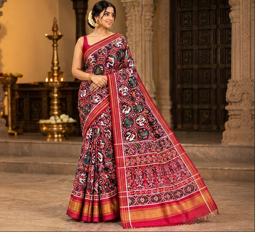 Model wearing a rustic red Patan Patola pure mulberry silk saree featuring an elaborate double ikat figurative design with traditional borders and pallu.