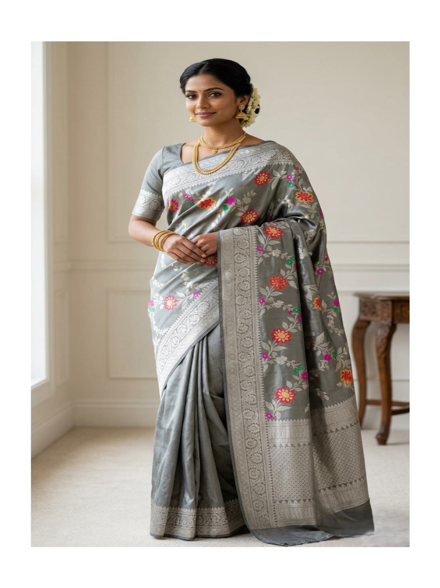 Grey Banarasi Tissue Silk Meenakari Saree