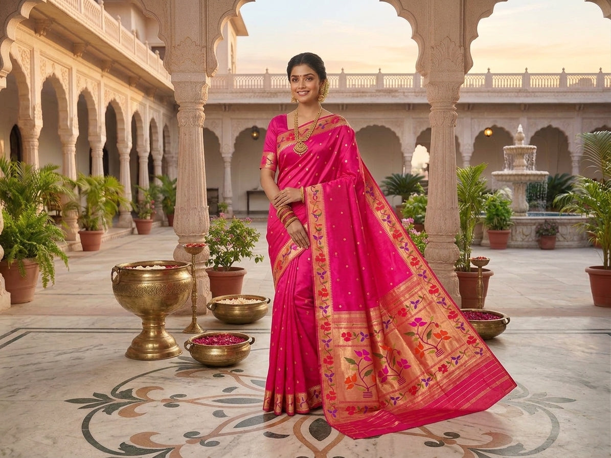 Hot Pink Paithani Handloom Pure Silk Saree with delicate self-woven buttas on the body and a tissue zari pallu featuring flowering pot motifs and Meenakari floral creepers.