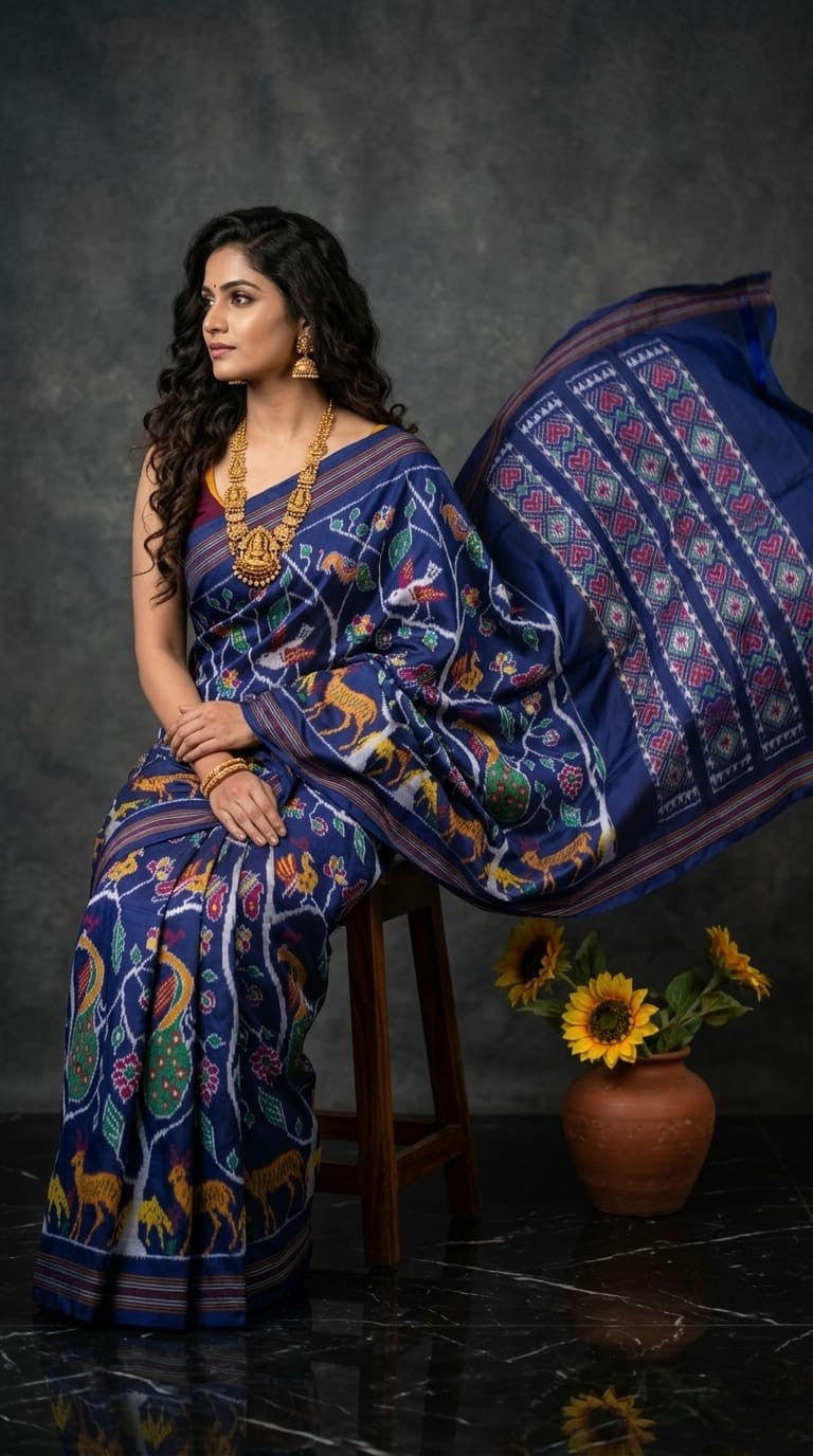 Indigo Blue Pochampally Ikkat Patola Madthasu Silk Saree