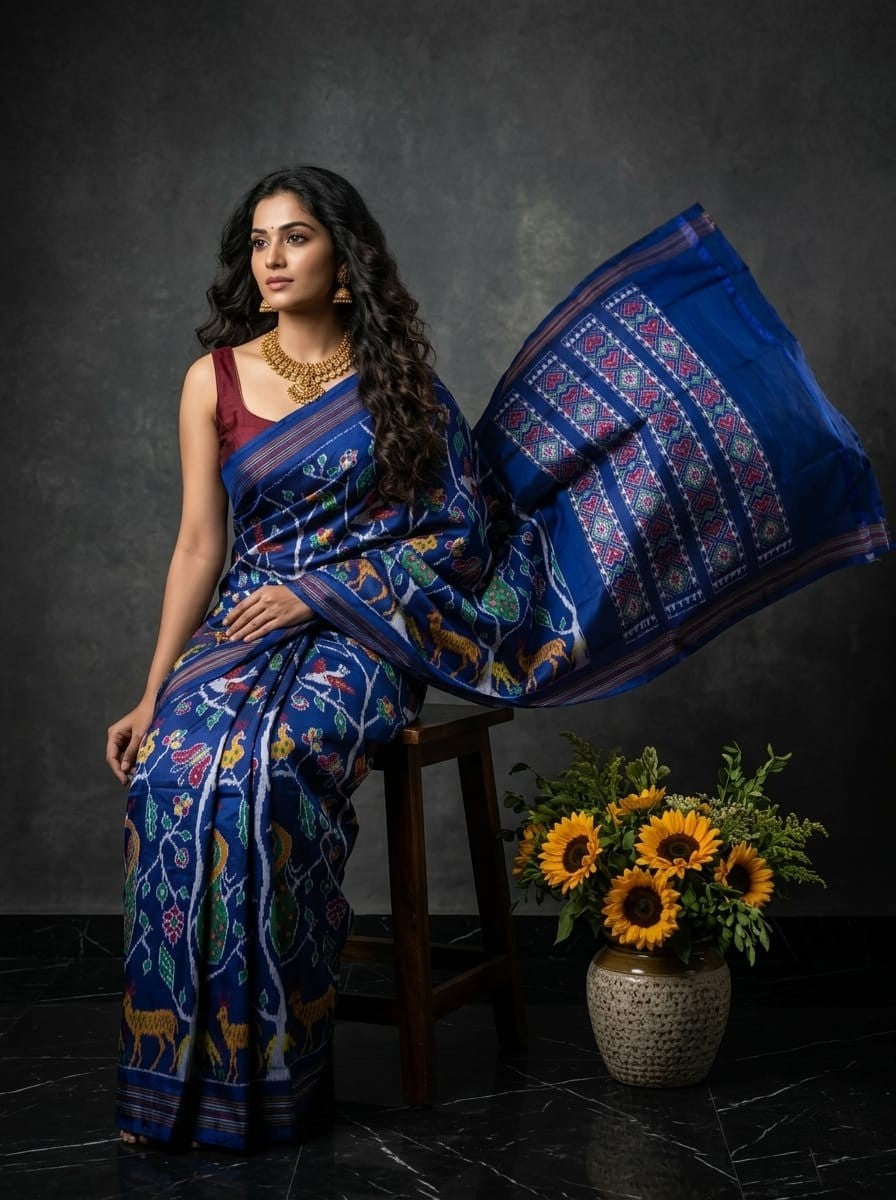 Indigo Blue Pochampally Ikkat Patola Madthasu Silk Saree