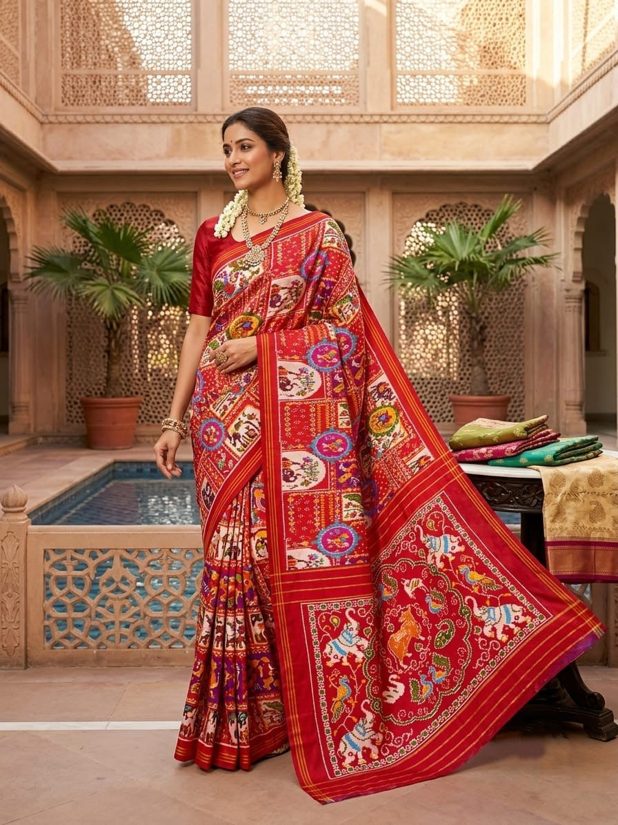 Red Pochampally Handloom Ikat Madthasu Patola Silk Saree featuring traditional double warp Ikat motifs, figurative panels, and a rich red pallu.