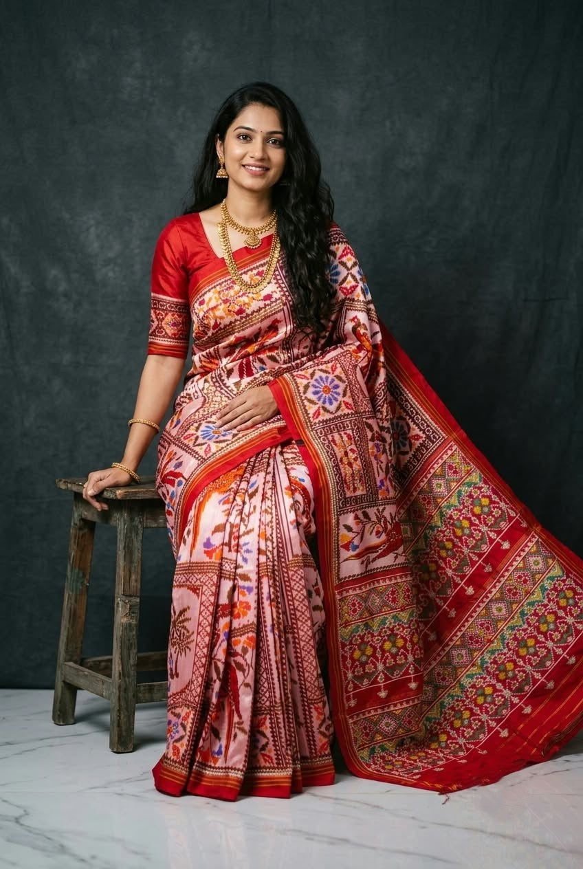 Red Pochampally Handloom Ikat Madthasu Patola Silk Saree featuring traditional double warp Ikat motifs, figurative panels, and a rich red pallu.