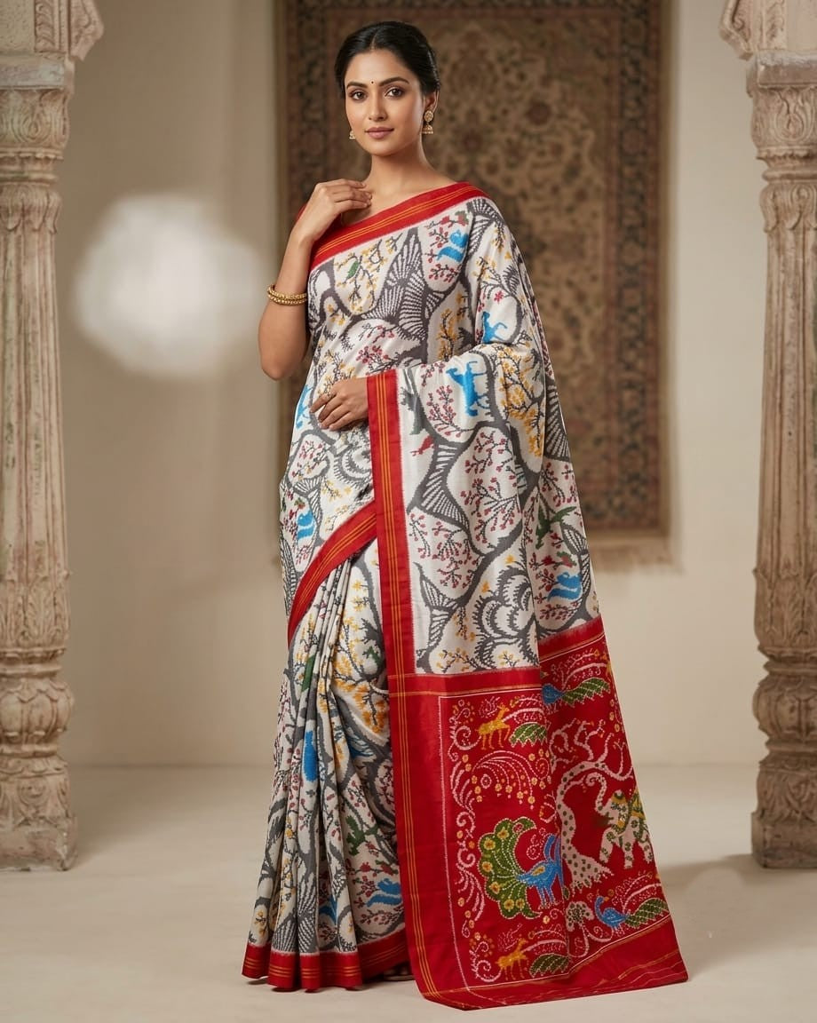 Red Pochampally Handloom Ikat Madthasu Patola Silk Saree featuring traditional double warp Ikat motifs, figurative panels, and a rich red pallu.