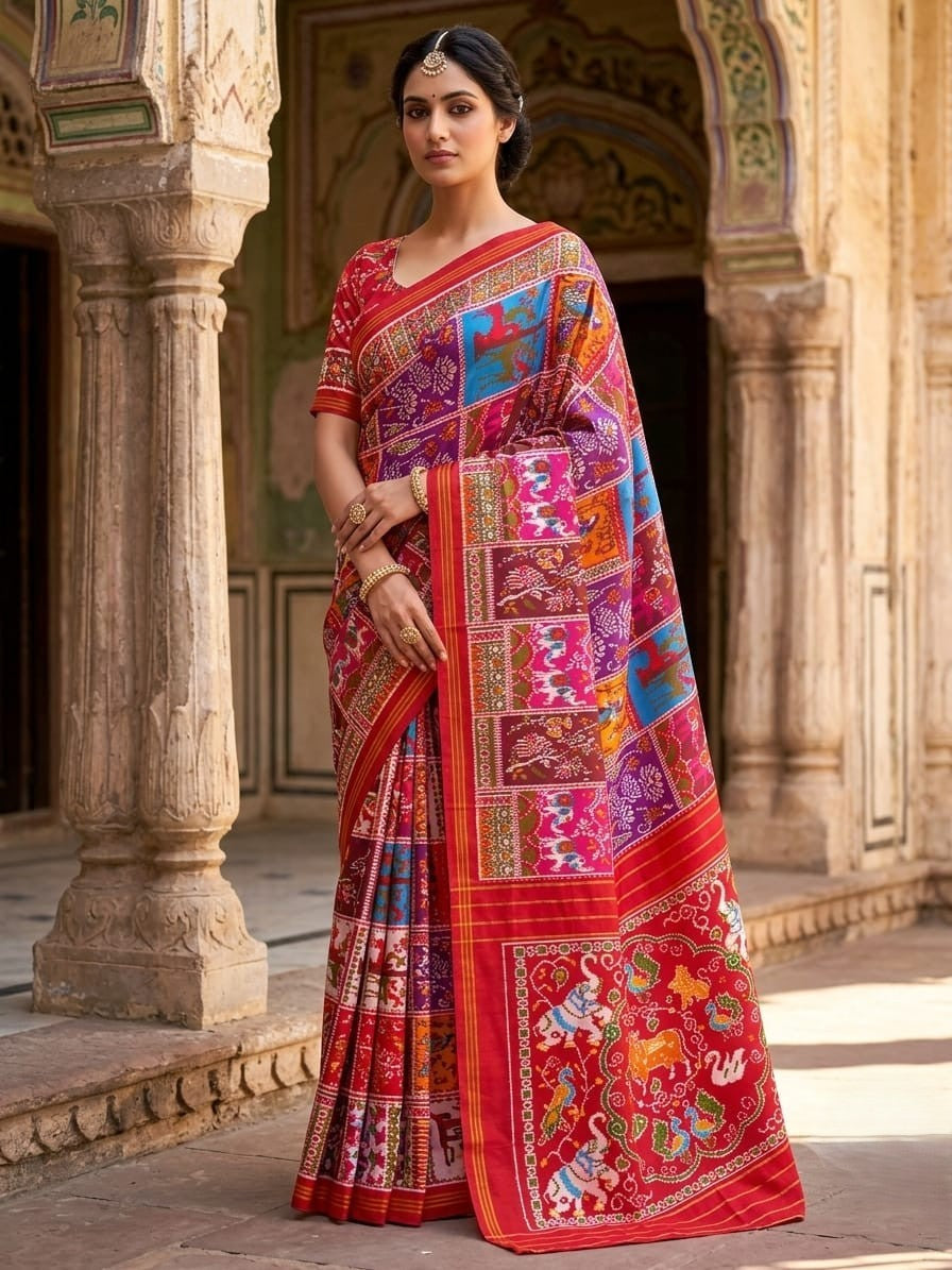 Red Pochampally Handloom Ikat Madthasu Patola Silk Saree featuring traditional double warp Ikat motifs, figurative panels, and a rich red pallu.