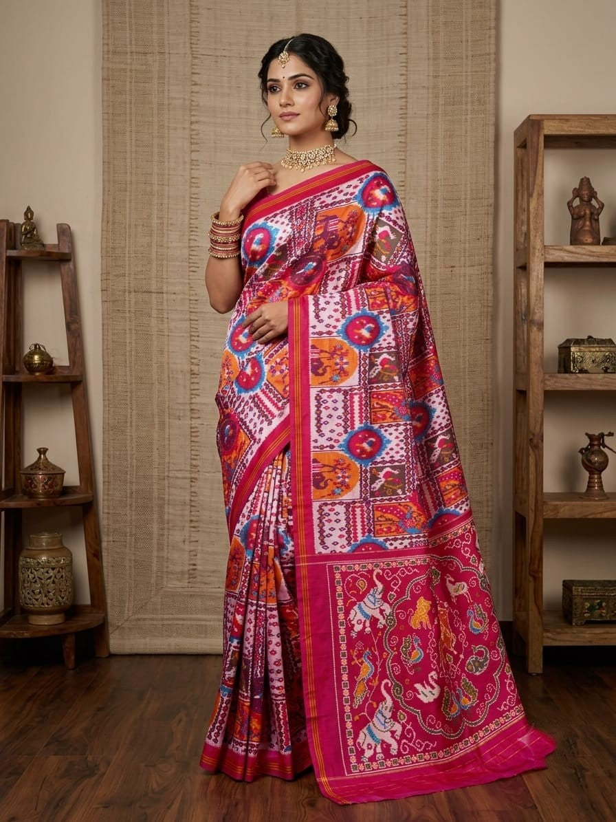Red Pochampally Handloom Ikat Madthasu Patola Silk Saree featuring traditional double warp Ikat motifs, figurative panels, and a rich red pallu.