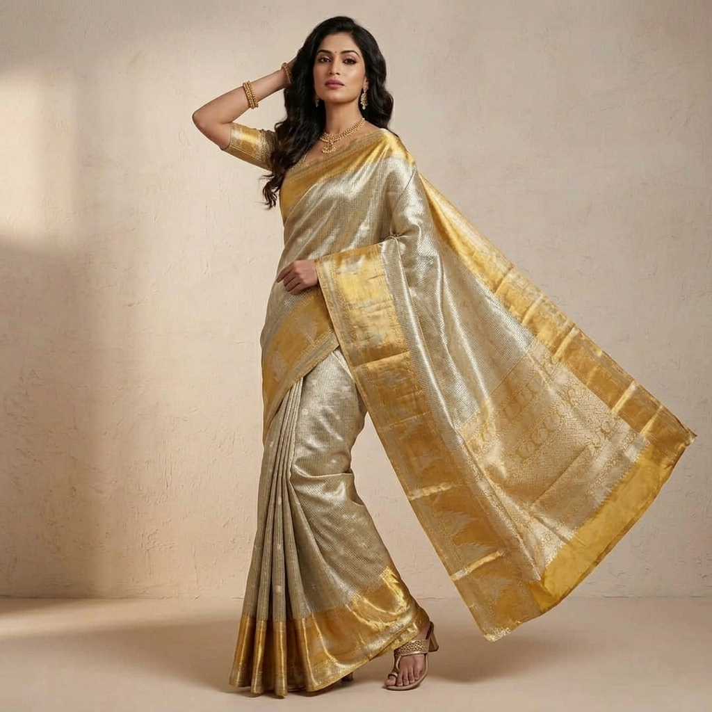 Ivory & Gold Kanchipuram Handloom Tissue Brocade Bridal Silk Saree