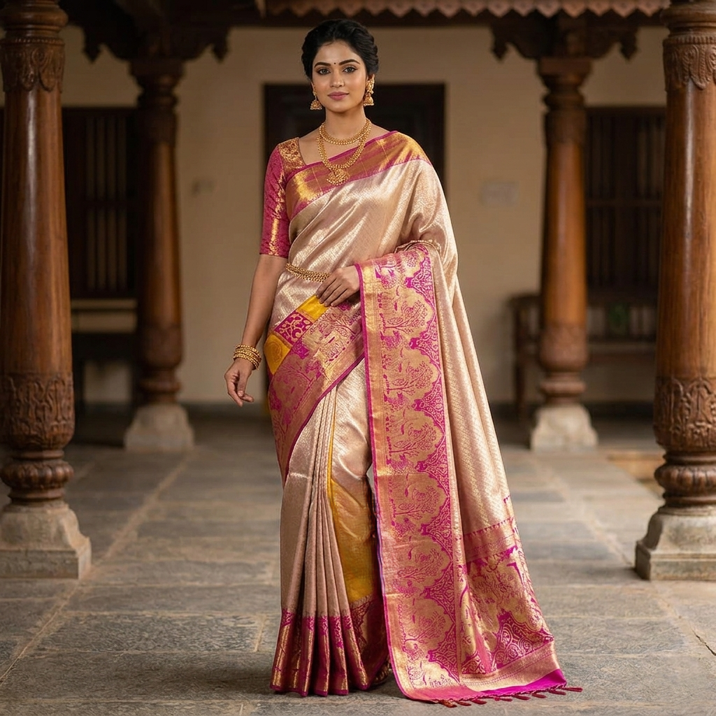 Gold & Pink Kanchipuram Handloom Tissue Brocade Silk Saree