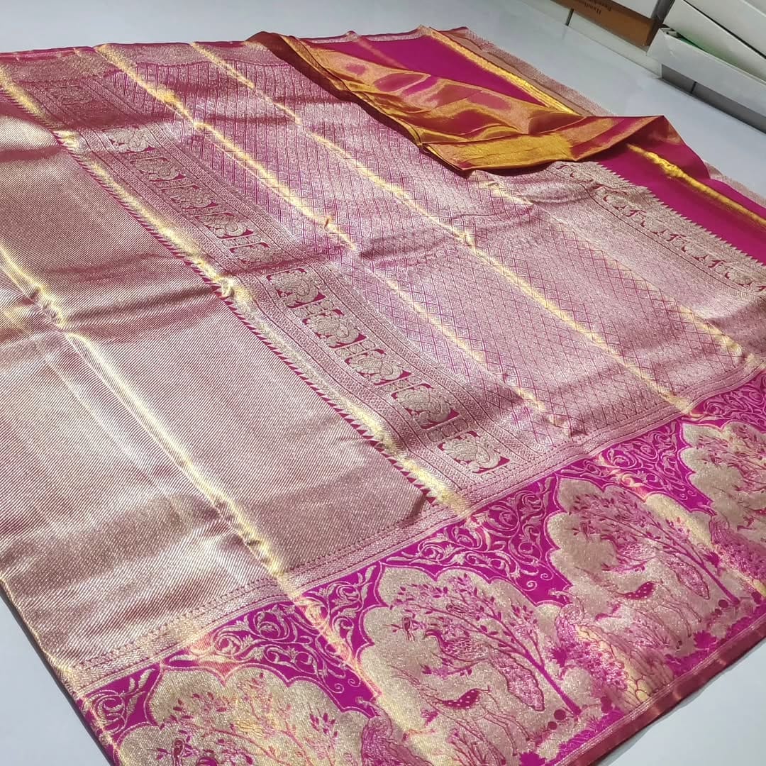 Gold & Pink Kanchipuram Handloom Tissue Brocade Silk Saree