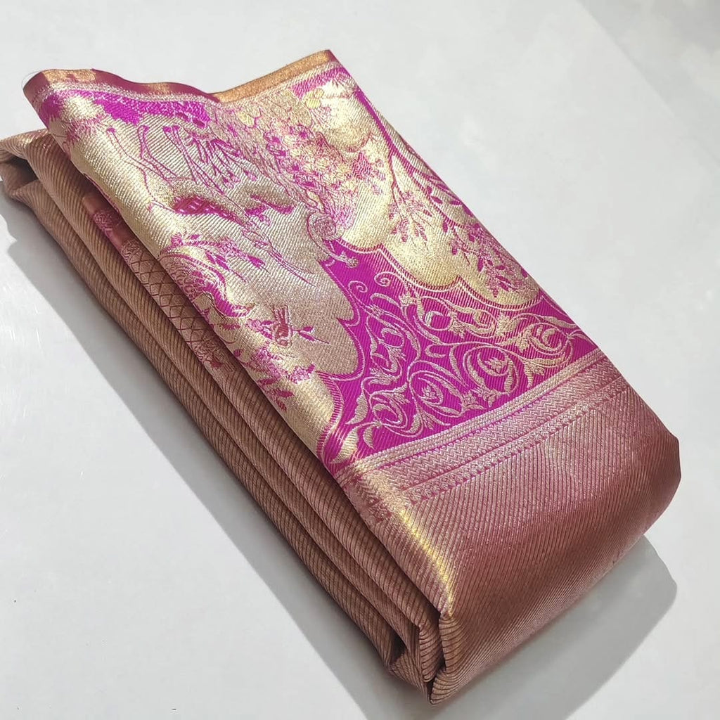 Gold & Pink Kanchipuram Handloom Tissue Brocade Silk Saree