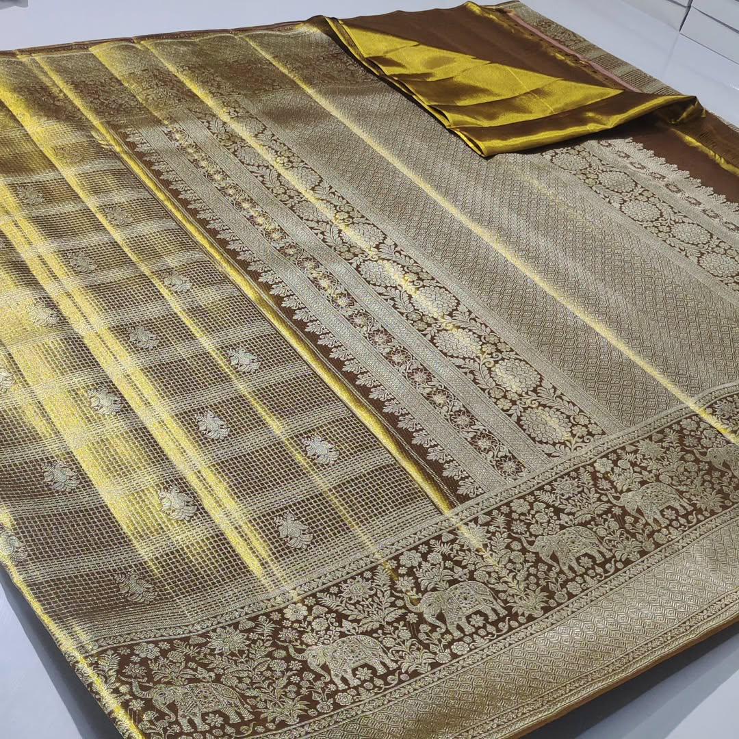 Brown Kanchipuram Handloom Tissue Brocade Silk Saree