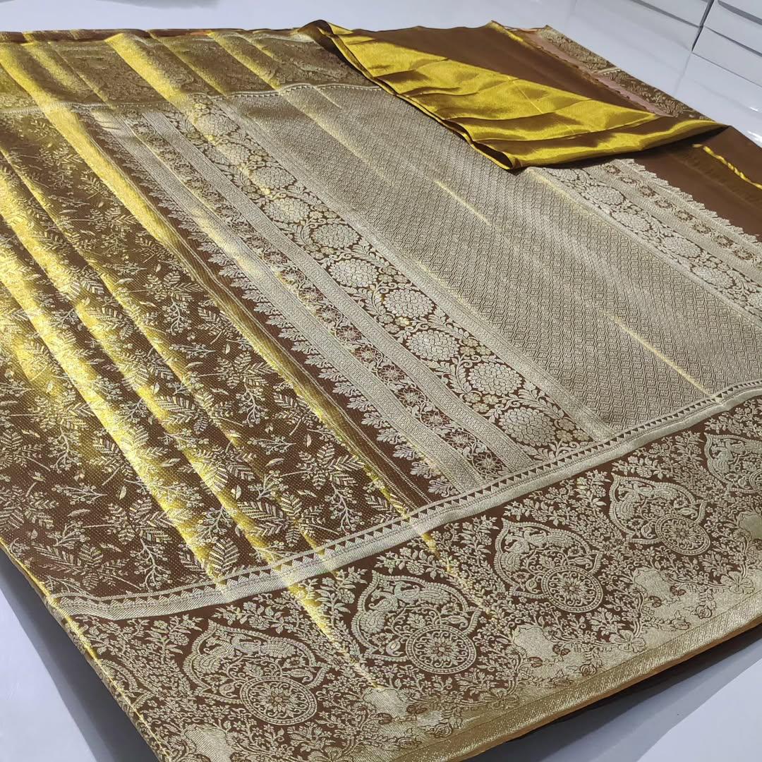 Brown Kanchipuram Handloom Tissue Brocade Silk Saree