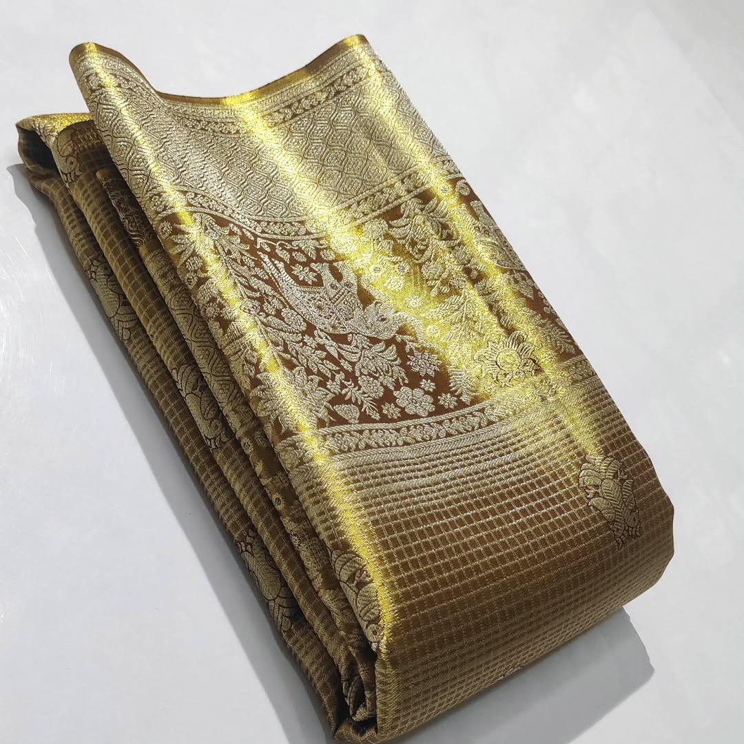 Brown Kanchipuram Handloom Tissue Brocade Silk Saree