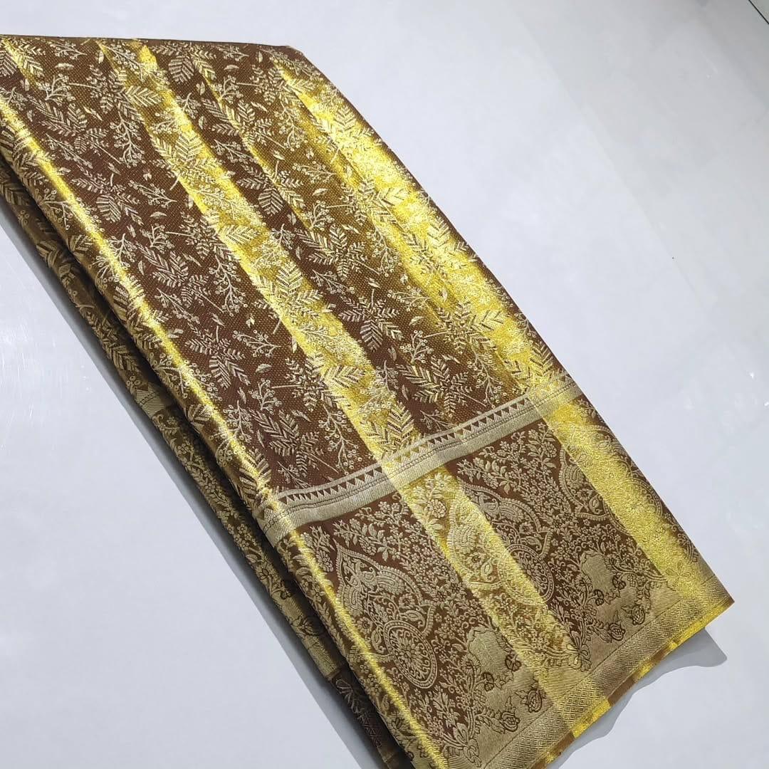 Brown Kanchipuram Handloom Tissue Brocade Silk Saree