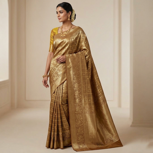 Brown Kanchipuram Handloom Tissue Brocade Silk Saree