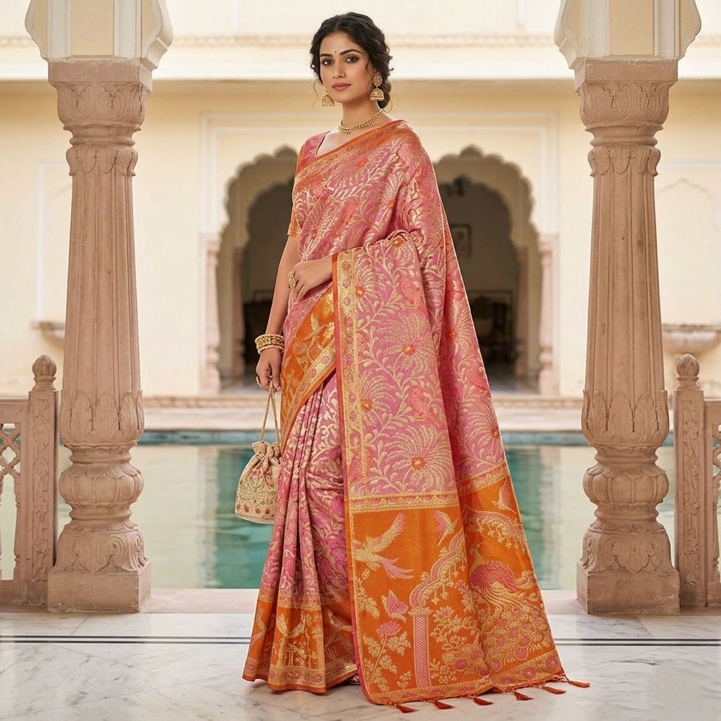 Coral Kanchipuram Handloom Tissue Meenakari Kalanjali Theega Silk Saree