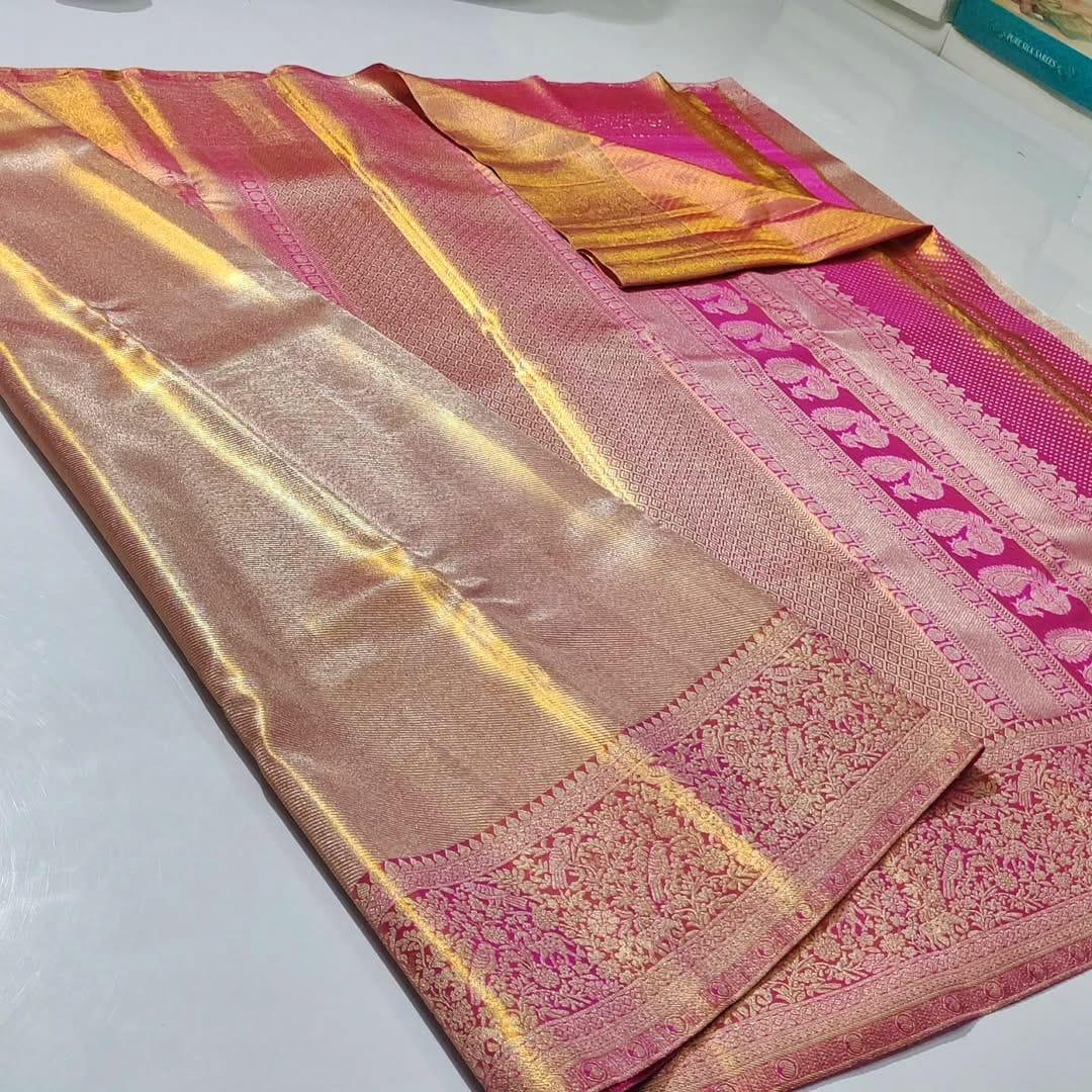 Gold and Hot Pink Kanchipuram Handloom Tissue Brocade Silk Saree