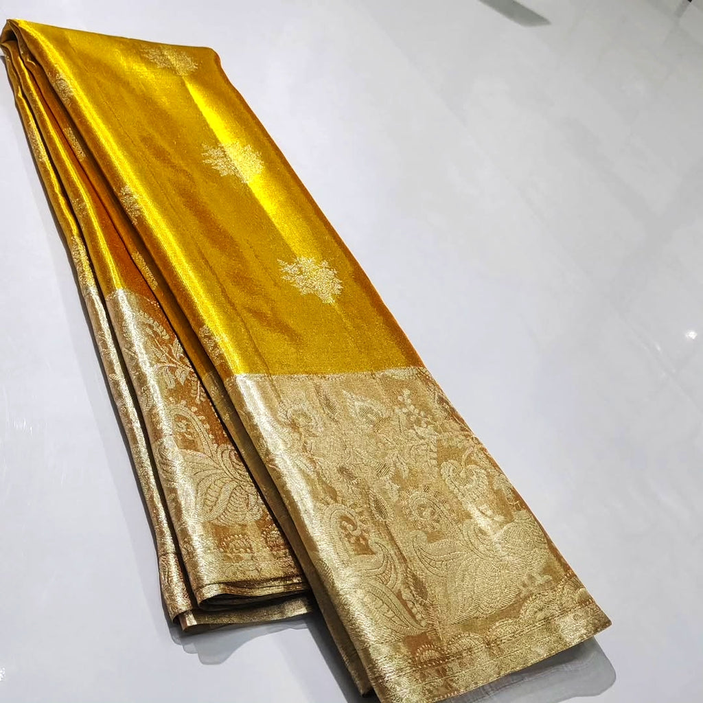 Gold Kanchipuram Handloom Tissue Brocade Silk Meenakari Saree