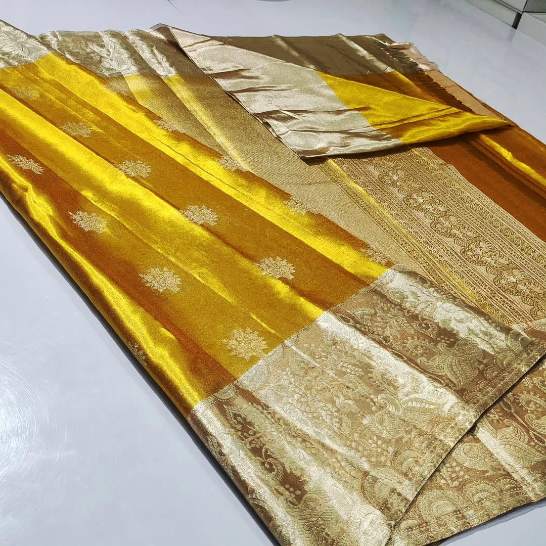 Gold Kanchipuram Handloom Tissue Brocade Silk Meenakari Saree