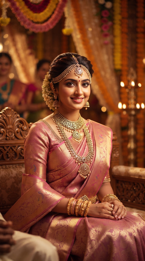 A woman seated indoors wearing a pink traditional sari with gold brocade weaving, ornate gold jewelry, and a decorative headpiece. The background shows warm hanging textiles, candles, and softly blurred people, creating a festive interior scene.