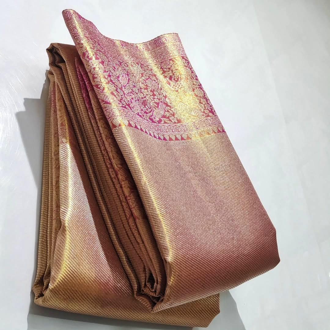 Gold and Hot Pink Kanchipuram Handloom Tissue Brocade Silk Saree