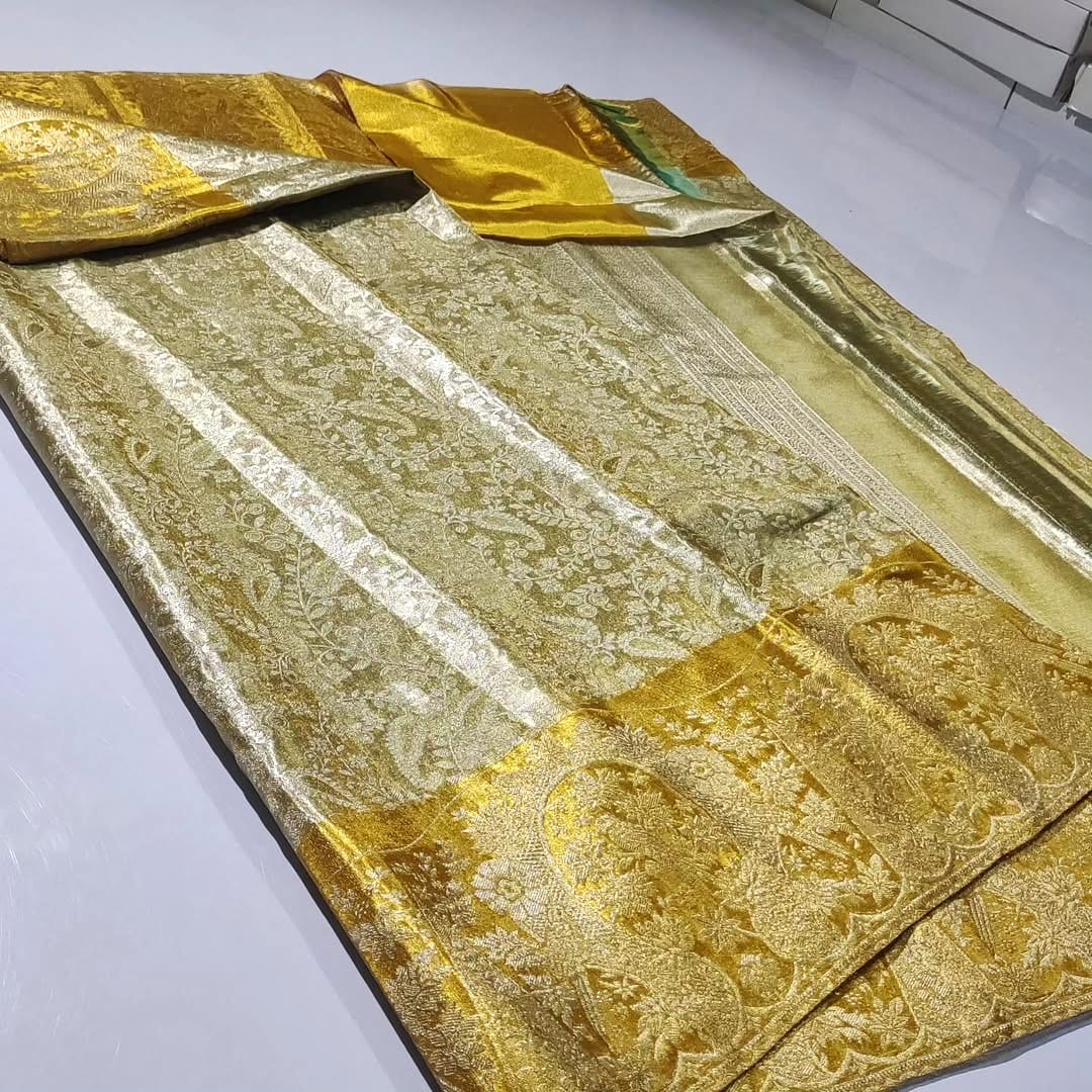 Ivory & Gold Kanchipuram Handloom Tissue Brocade Bridal Silk Saree