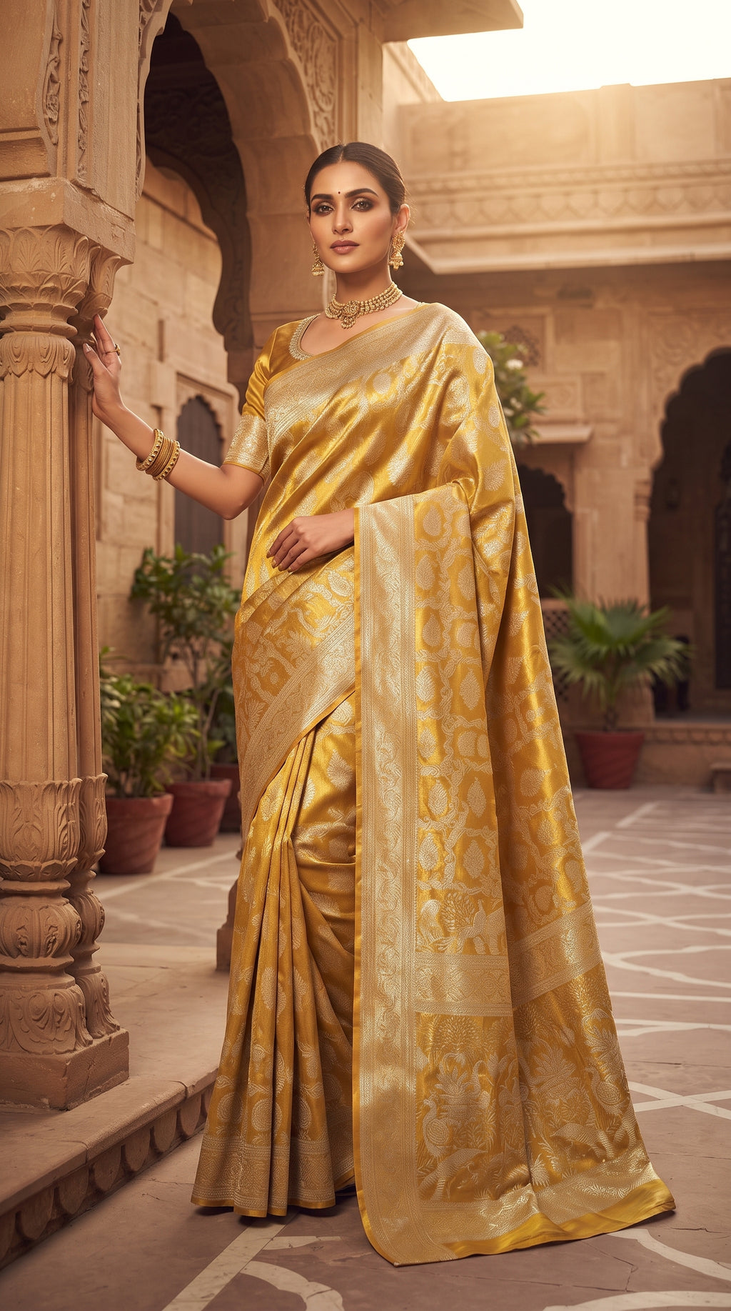 Gold Kanchipuram Handloom Tissue Brocade Silk Saree, a garment that defines the "liquid gold" look of South Indian royalty. 