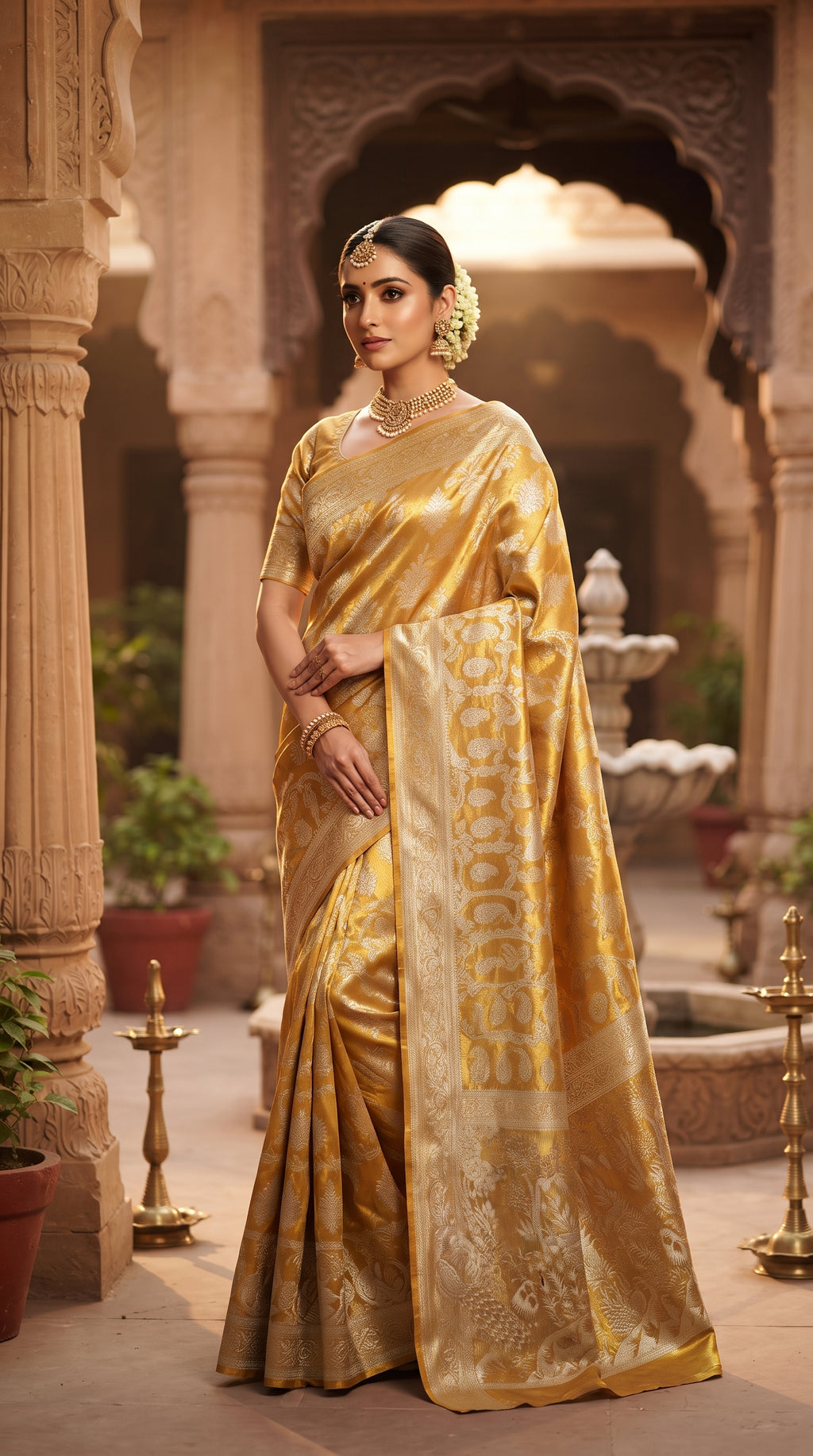 Gold Kanchipuram Handloom Tissue Brocade Silk Saree, a garment that defines the "liquid gold" look of South Indian royalty. 