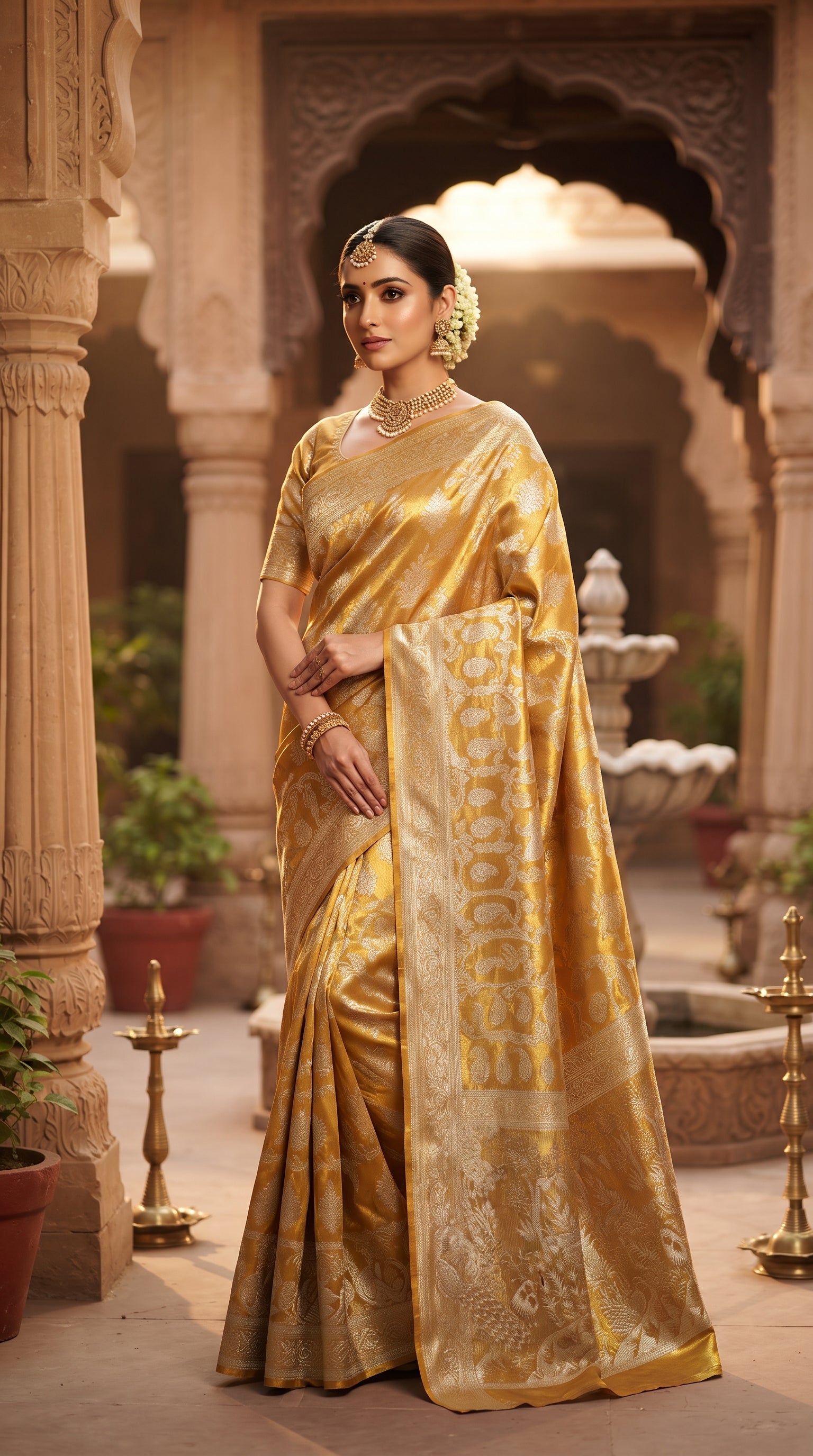 Gold Kanchipuram Handloom Tissue Brocade Silk Saree, a garment that defines the "liquid gold" look of South Indian royalty. 