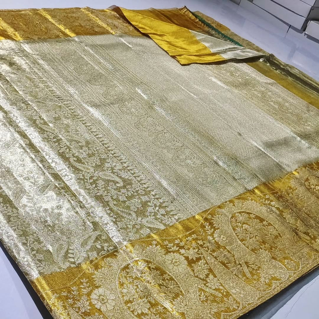 Ivory & Gold Kanchipuram Handloom Tissue Brocade Bridal Silk Saree