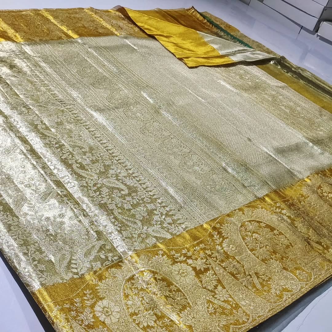 Ivory & Gold Kanchipuram Handloom Tissue Brocade Bridal Silk Saree