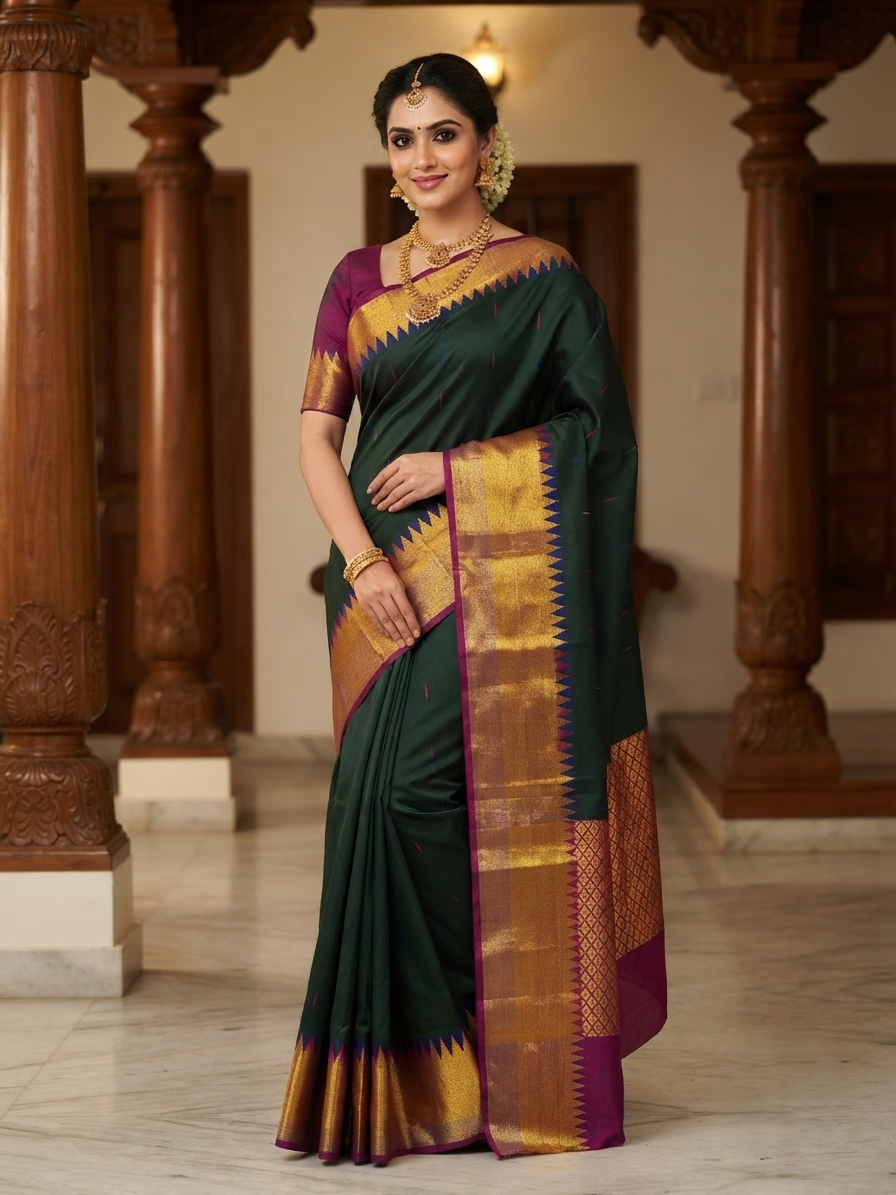A woman wearing a luxurious bottle green Kanchipuram handloom 2G silk saree with 8-color temple border, traditional gold zari, and vibrant purple accents, perfect for weddings and festive occasions.