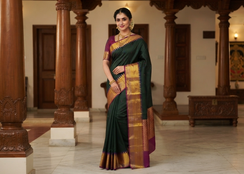 Bottle green Kanchipuram handloom 2G silk saree with 8-color temple border, traditional gold zari, and vibrant purple accents, perfect for weddings and festive occasions.