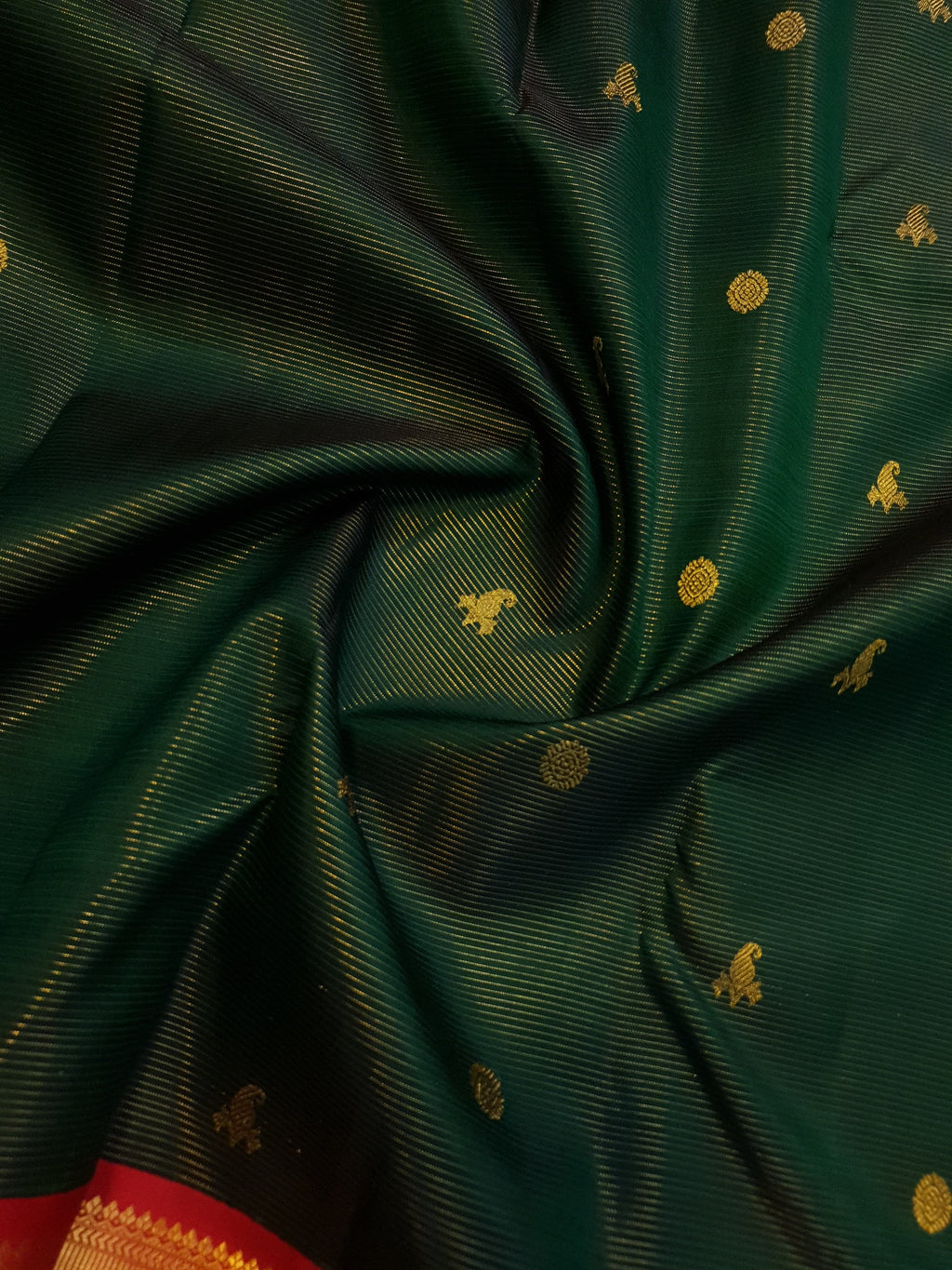 Bottle Green Kanchipuram Handloom 2G Gold Vairaoosi Silk Saree with all-over fine stripes, traditional buttas, and rich contrasting red and gold borders and pallu.